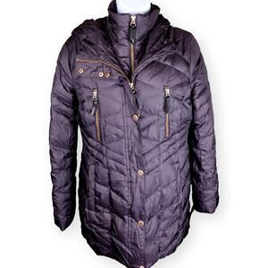 Andrew Marc Eggplant Purple Mid Length Hooded Puffer Coat S